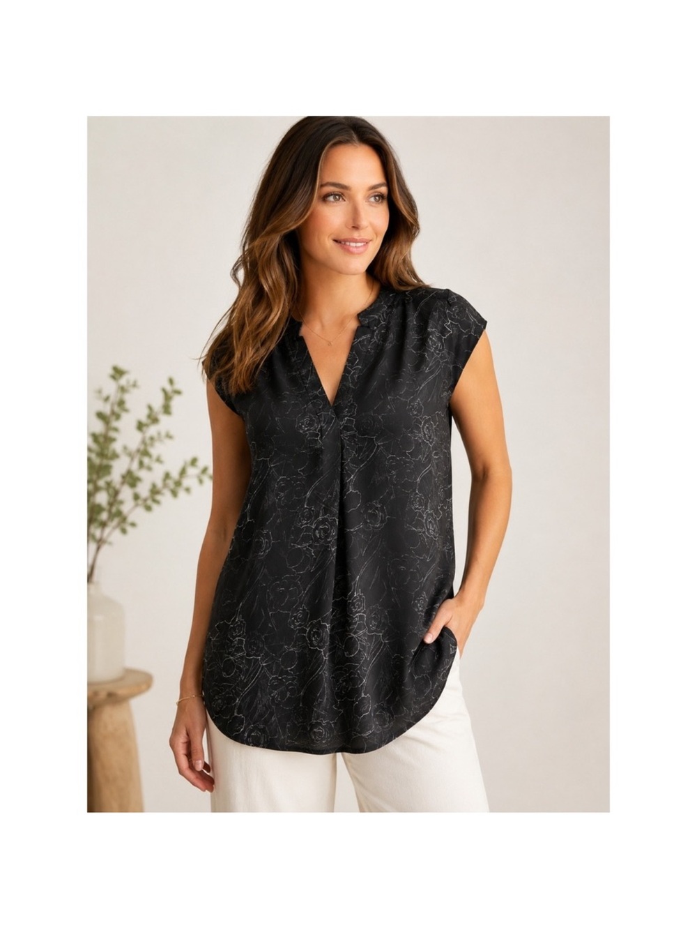 Billy Reid Black Floral Outline Cap-Sleeve V-Neck Blouse - Picture 1 of 4
